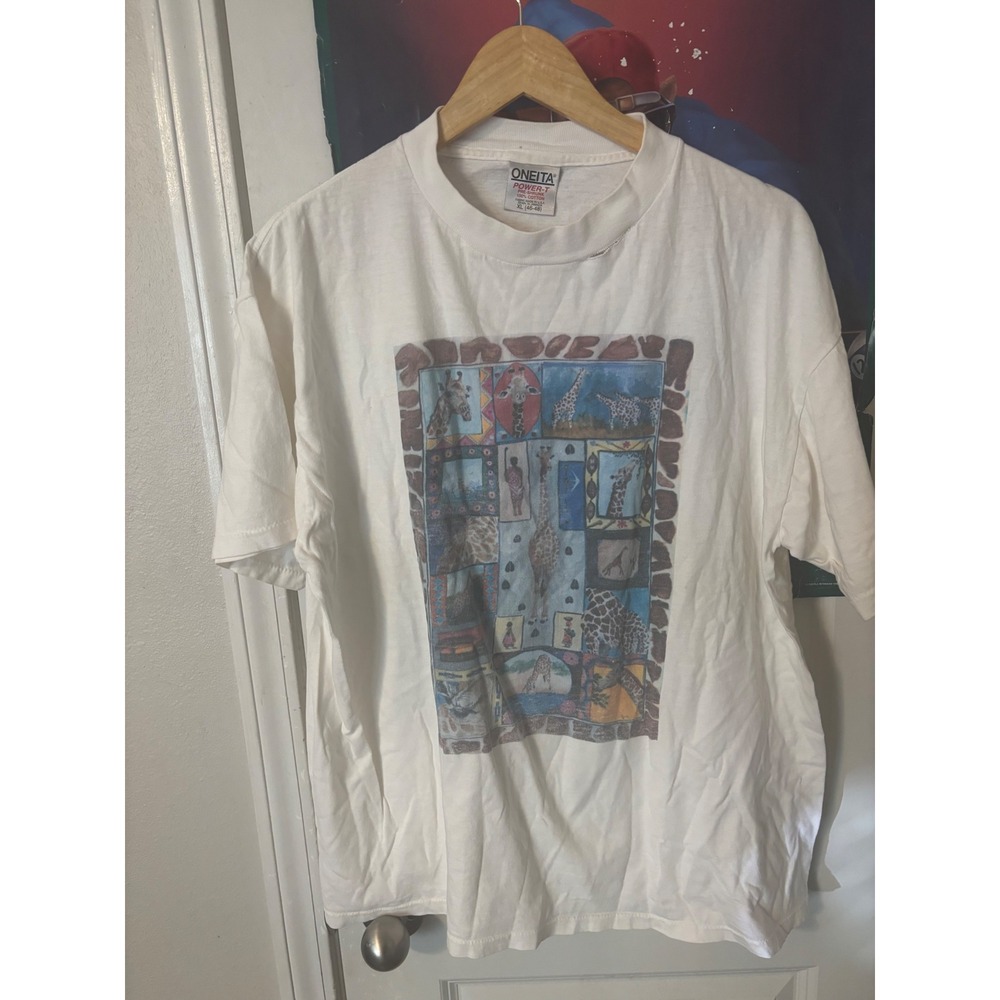 Vintage Oneita Power-T Giraffe Graphic T-Shirt White XL Made in USA Safari Art